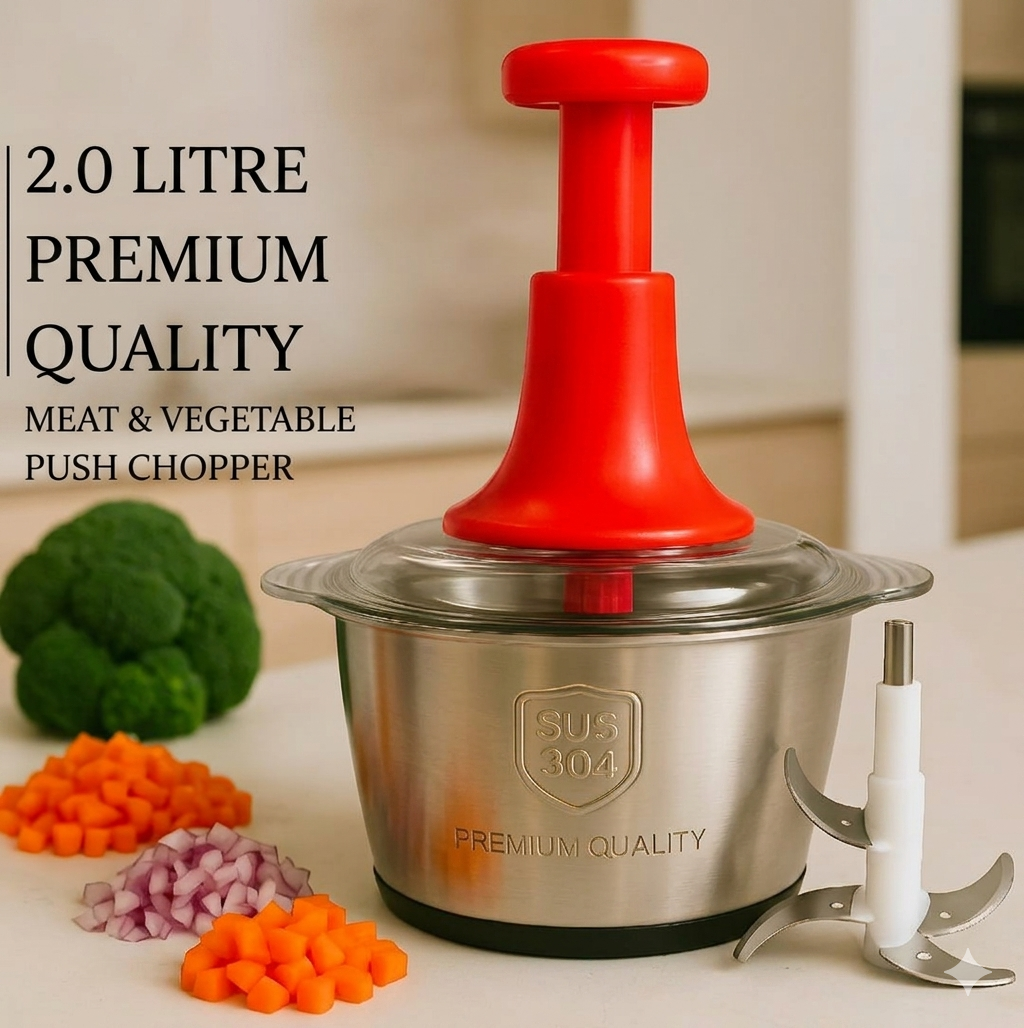 2.0L Stainless Steel Manual Push Chopper – 4 Heavy Duty Blades