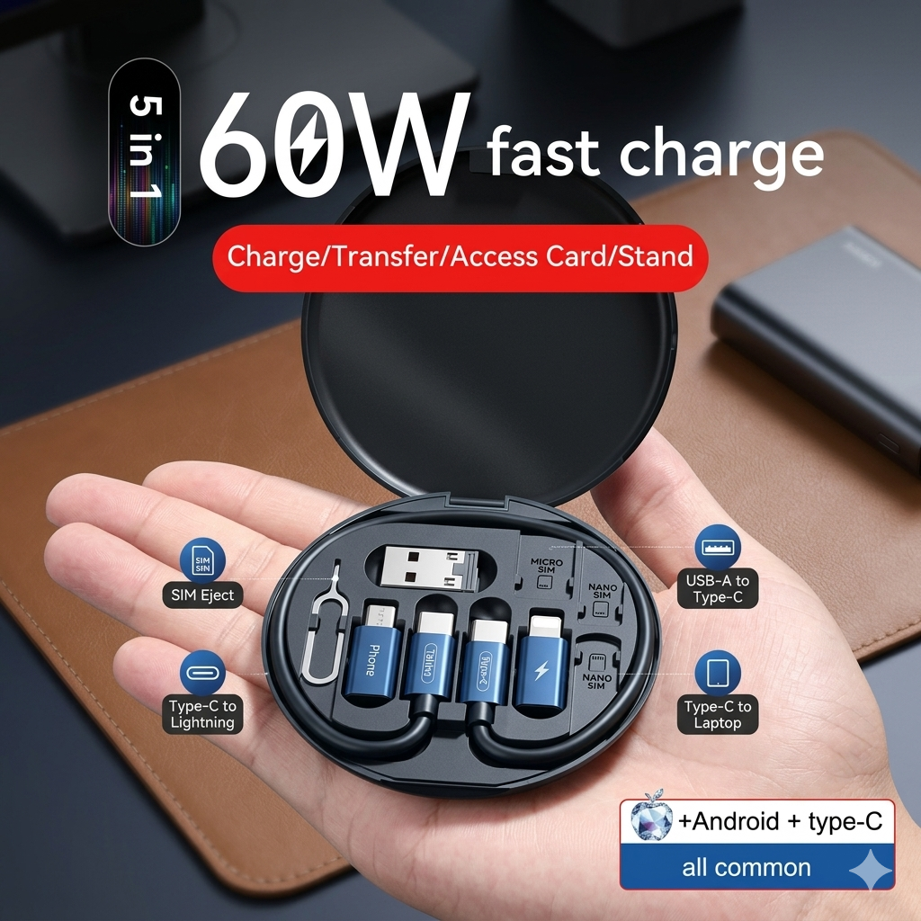 6-in-1 Multifunctional 60W Fast Charging Cable Kit & Travel Case