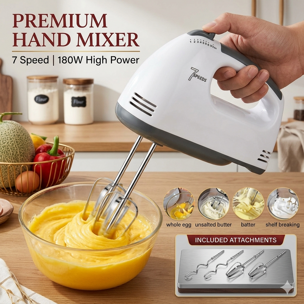 7-Speed Professional Electric Hand Mixer – 180W Cake & Egg Beater