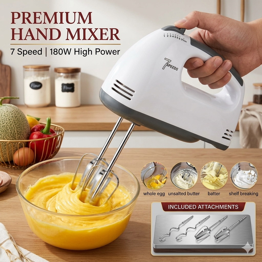 7-Speed Professional Electric Hand Mixer – 180W Cake & Egg Beater