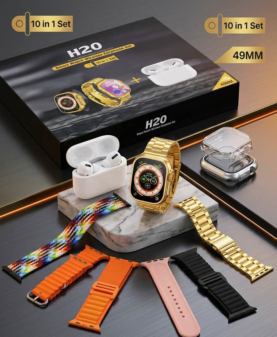 H20 Ultra Smart Watch Set: 7 Straps + Earbuds + Case