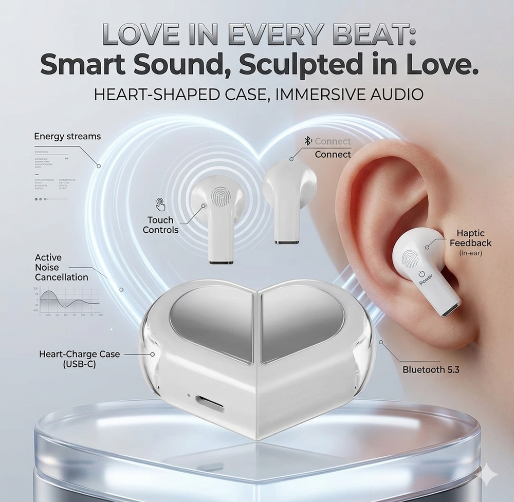 K520 Wireless Heart Earbuds – Noise Cancelling & Super Bass