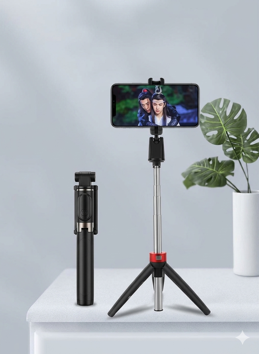 Premium 2-in-1 Selfie Stick & Tripod Stand (Black)