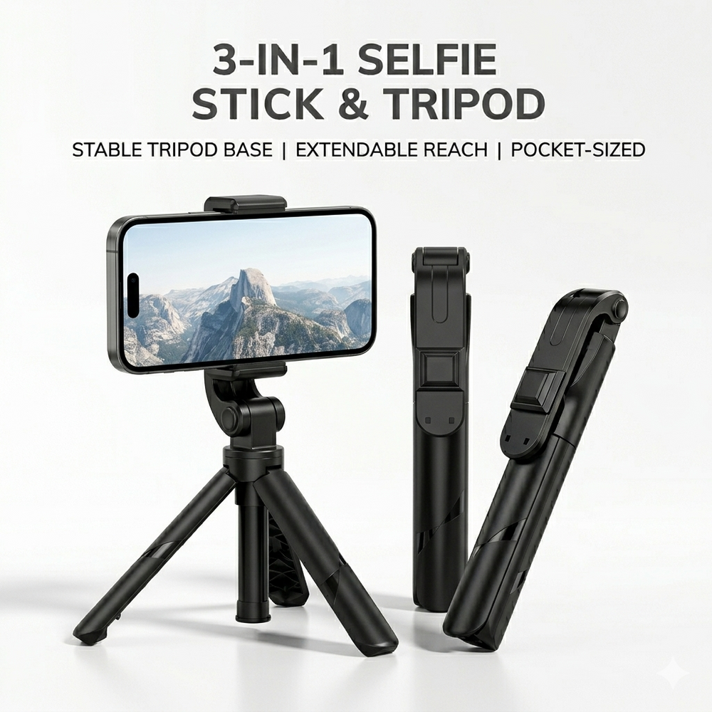 Premium 2-in-1 Selfie Stick & Tripod Stand (Black)