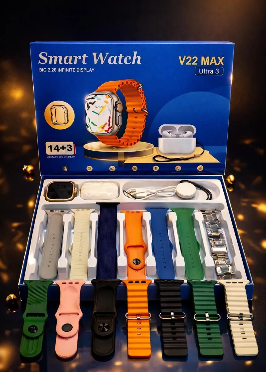 V22 Max Ultra Smart Watch Bundle: 14 Straps + Earbuds